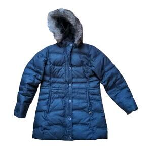 Womens Eddie Bauer Goose Down Insulated Quilted Puffer Coat SZ M Black Faux Fur